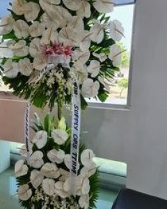Elegant floral tribute with white anthuriums,orchids & lilies